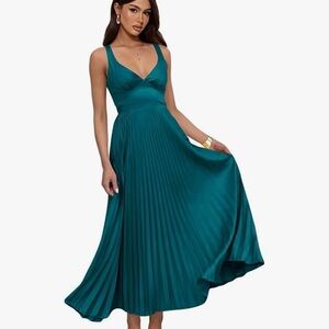 Teal Tea Length Satin Midi Dress - Built in padded bust and drawstring back